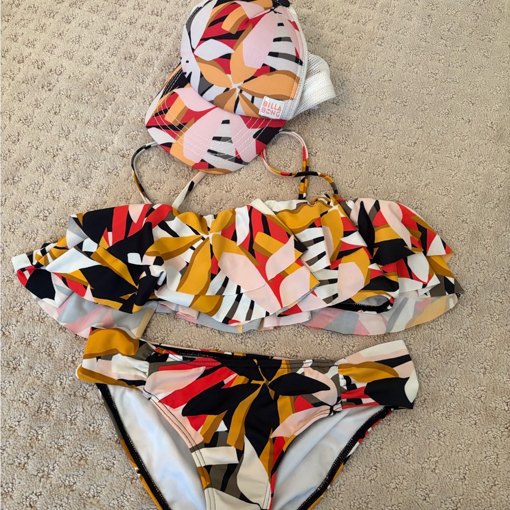 Billabong Kids' Multicolor Ruffle Bikini Set with matching hat.